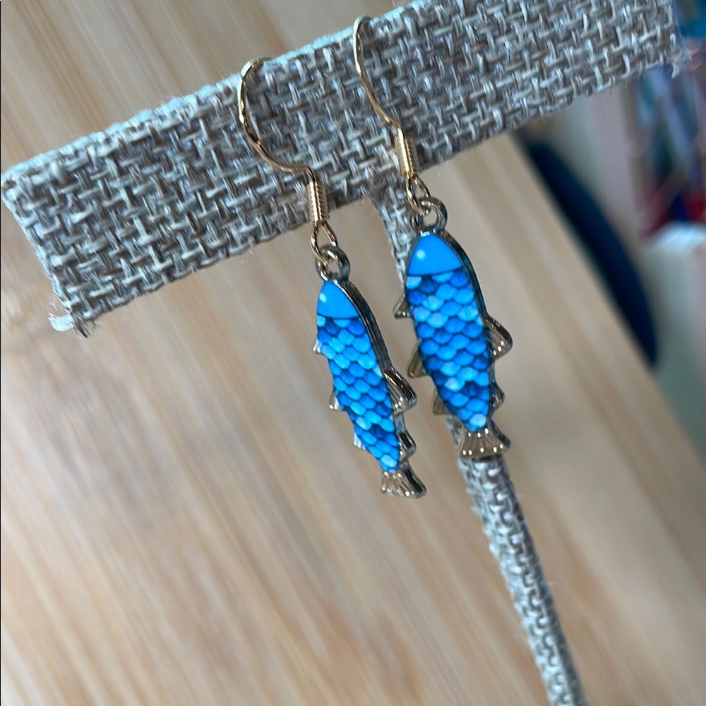 Gold and Blue Fish Earrings with Dangle Design